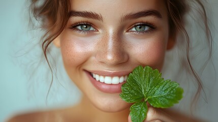 Female model enjoying strawberries while promoting health, nutrition, and skincare in a studio setting. Celebrating joy and wellness through fruit and vegan choices,


