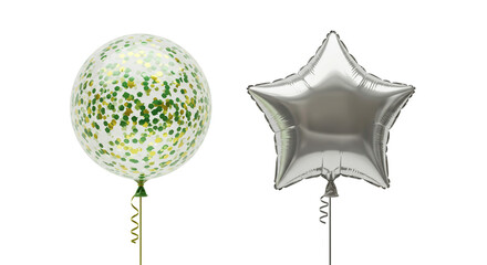 Festive balloons with a round confetti balloon filled with green and gold sparkles and a silver star balloon, floating against white.