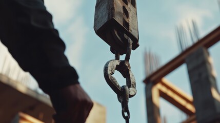 Construction worker operating a crane at a building site. Featuring crane operation and material lifting