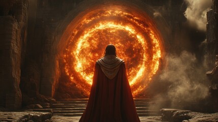 A figure in a cloak stands before an ancient archway with a glowing fiery orb beyond evoking