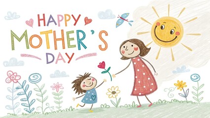 Happy Mother s Day Mom daughter joyfully celebrate spring s colorful blooms cheerful sun crayon art