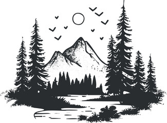 A serene black and white illustration of mountains, trees, and a river under the sun.