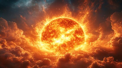 Dramatic Photo Of Fiery Sun Corona Surrounded By Turbulent Clouds In Space