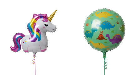 Obraz premium Two foil balloons are isolated against a white background: a unicorn with a rainbow mane and tail, and a green balloon covered in dinosaurs.