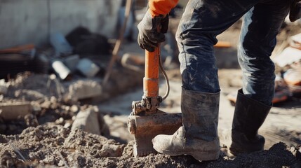 Fototapeta premium Construction worker operating a jackhammer on a building site. Featuring heavy machinery and construction work