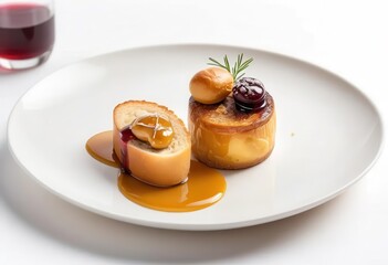 Elegant Dessert Plate with Caramel Sauce and Berry Toppings
