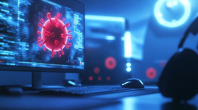 Virus research, computer screen, dark room, code, night