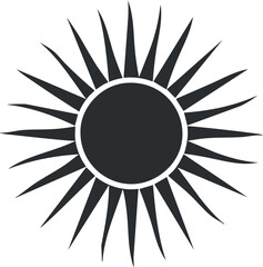 A bold black sun symbol featuring sharp rays extending from a central circle.