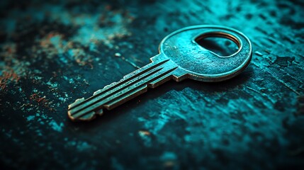 Weathered key rests on dark surface
