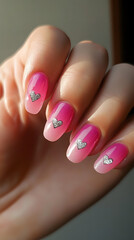 Naklejka premium Pink Ombre Nails with Hearts: Delicate pink ombre nails adorned with tiny silver hearts, showcasing a subtle yet elegant nail art design. Close-up view of manicured hand.