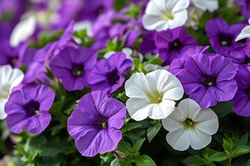Close up of purple and white petunia flowers in bloom showing vibrant colors and soft petals in the garden