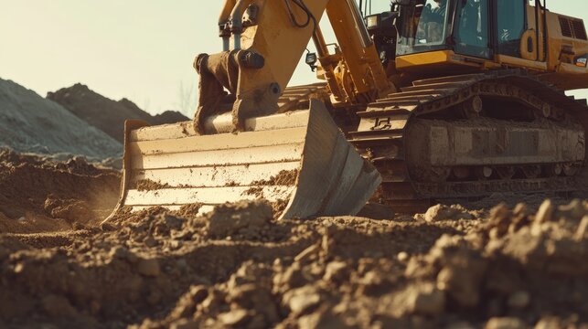 Construction worker operating bulldozer for land leveling. Featuring power and control