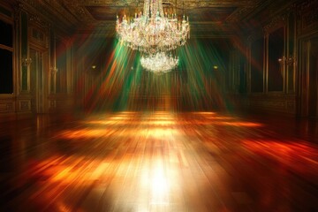 Grand ballroom with a magnificent crystal chandelier, illuminated by dramatic light rays across the polished wooden floor.