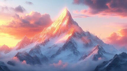 Sunlit Mountain Peaks Illuminated by a Vibrant Sunset Sky SnowCapped Ridges and Ethereal Clou