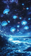 Ethereal ocean scene where bioluminescent jellyfish gently drift through water casting soft glow illuminates surrounding wave starry sky above glowing creature below create tranquil magical ambiance