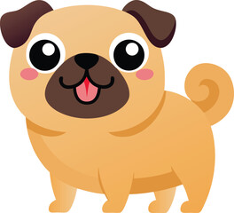 Adorable Kawaii Style Pug Illustration With Fawn Fur and Pink Tongue.