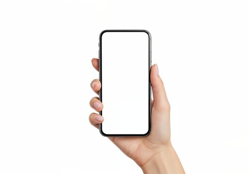 Mano con tel&eacute;fono. Mano sosteniendo un smartphone en blanco aislado sobre fondo blanco para dise&ntilde;o