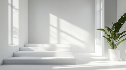 Fototapeta premium Minimalist white interior with stairs, sunlit wall, and potted plant