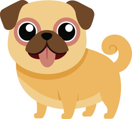 Cute Cartoon Pug Smiling With Big Eyes and Curled Tail.