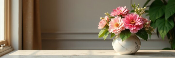 A golden frame surrounds a small marble vase with fresh flowers , Golden Frame, Elegant Decor