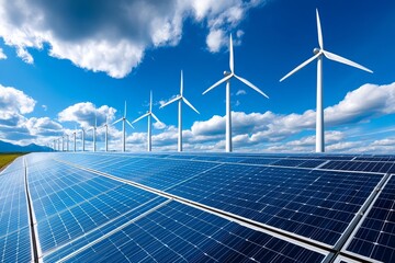 Clean Energy Landscape with Solar Panels and Wind Turbines Under Sky