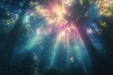 Fototapeta premium Sunbeams pierce a mystical forest canopy, creating an ethereal and dreamlike atmosphere.