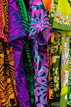 The Kingdom of Tonga, Neiafu. Brightly colored souvenir shirts.