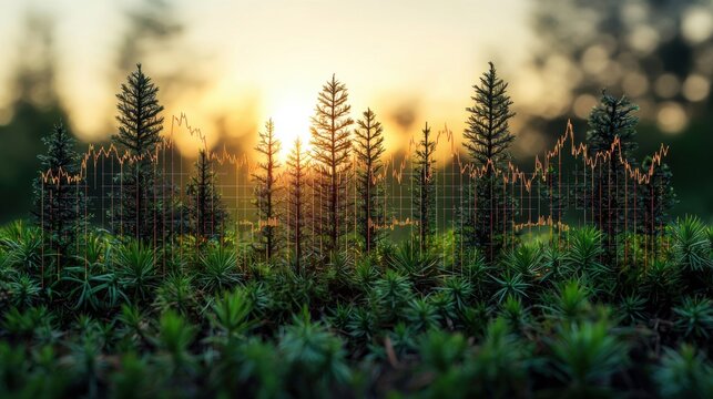 Forest Landscape with Sunrise and Financial Graph Overlay