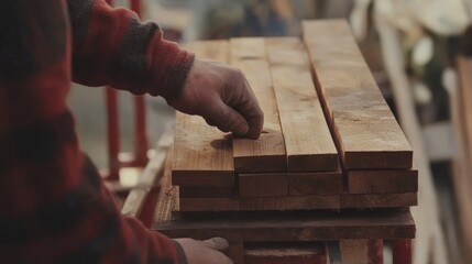 Construction worker placing wooden planks on scaffolding. Featuring scaffolding work and material handling