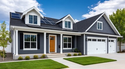 Modern House with Solar Panels and Green Lawn in Clear Sky