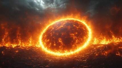 Fiery Planet Rises Above Burning Landscape Apocalypse Concept Photo Dramatic Sky