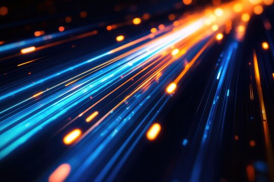 Abstract digital art depicting streaks of blue and orange light, suggesting speed and technology.