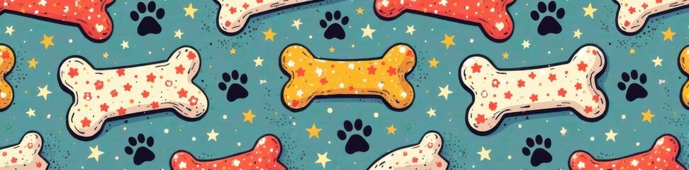 Bone pattern with dog paw doodle seamless background, dog bone, animal design