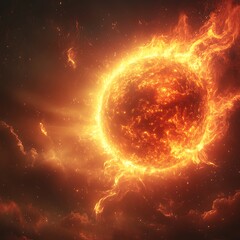 Obraz premium Fiery Sun Photo In A Nebula Of Space With Exploding Plasma Energy