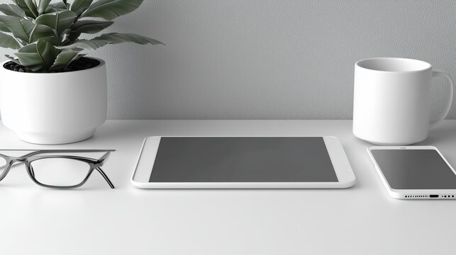 Minimalist desk setup plant, mug, tablet, phone, glasses. Clean, modern, office space