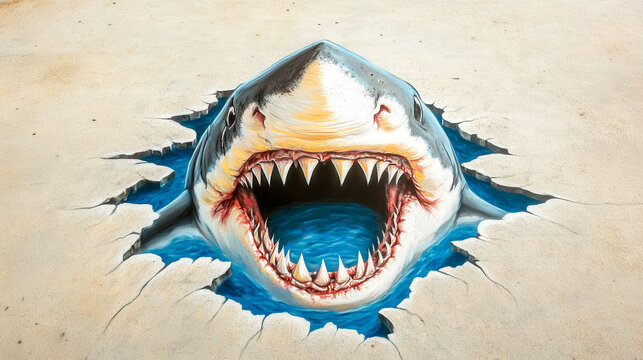 Great white shark emerging from cracked pavement, 3d chalk art