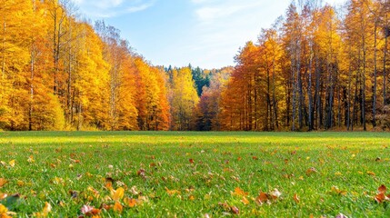 Autumn landscape golden trees and green grass path peaceful nature scene
