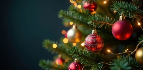 Obraz premium Christmas tree adorned with sparkling ornaments and glittering string lights, Holiday Cheer, Christmas Tree Baubles Blurred Shiny Lights