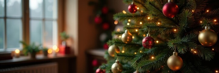 Christmas tree with ornaments and lights in a cozy room, interior, festive