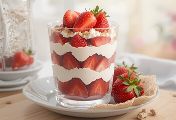 Delicious strawberry parfait dessert layered with cream in glass cups background

