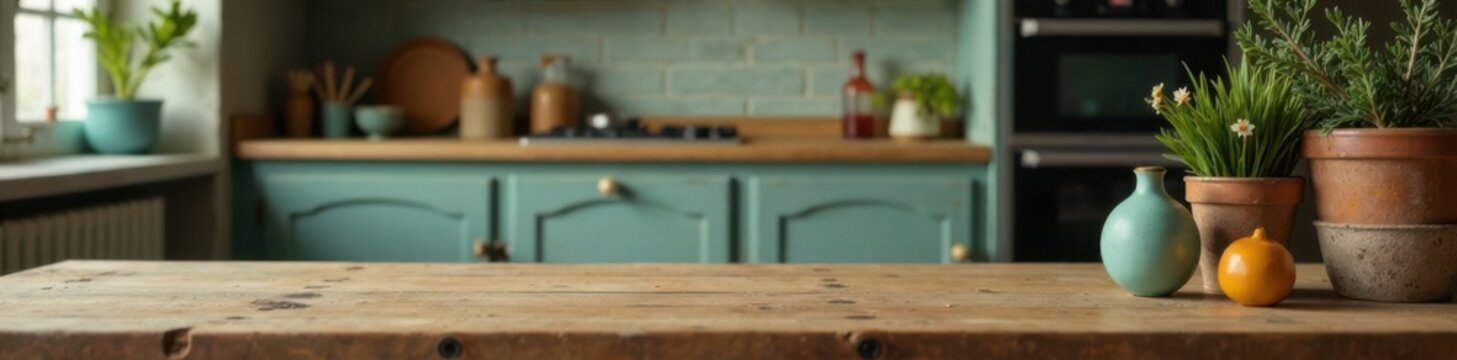 Close-up of old wooden table with decorative items, set against a blurred kitchen room with worn-down cabinets and appliances , kitchen, furniture, decor