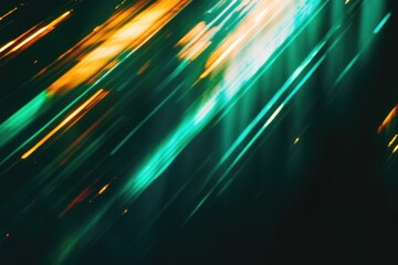 Abstract image with diagonal streaks of teal and orange light on a dark background.