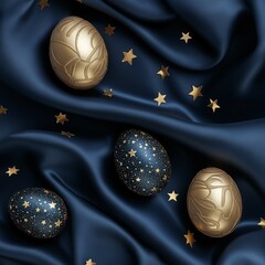 Elegant golden and navy blue Easter eggs on festive satin background with folds and stars. Creative minimal Easter holiday concept.