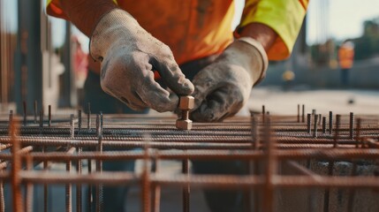 Construction worker securing a bolt on a construction site. Featuring construction work and safety procedures