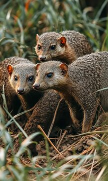 Three mongooses curiously exploring their natural habitat amidst lush green grass and foliage