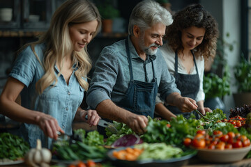 Three people are preparing food in a kitchen