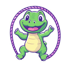 Naklejka premium The daily routine of a humanized green reptile animal character includes activities such as crocodile-like jumping and skipping rope