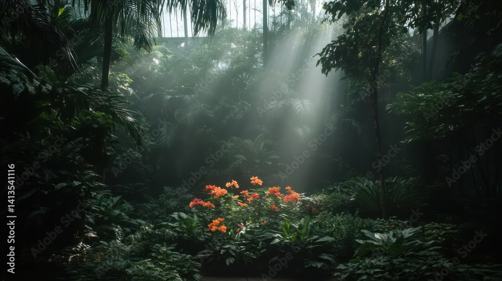 Poster sunlight beams illuminate a tranquil green garden with a vibrant cluster of orange flowers in the fo
