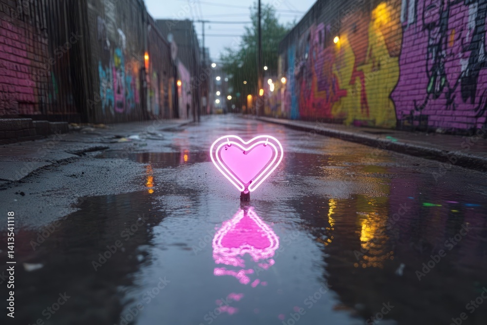 Aufkleber a glowing neon heart in a wet alleyway with colorful graffiti on the walls. the heart reflects in th