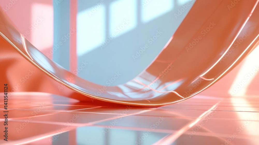 Poster Close up of a glossy orange curved geometric shape on a tiled surface. Reflected light gives the shape dimension, while the background features soft blue and pink hues, creating a modern and abstract